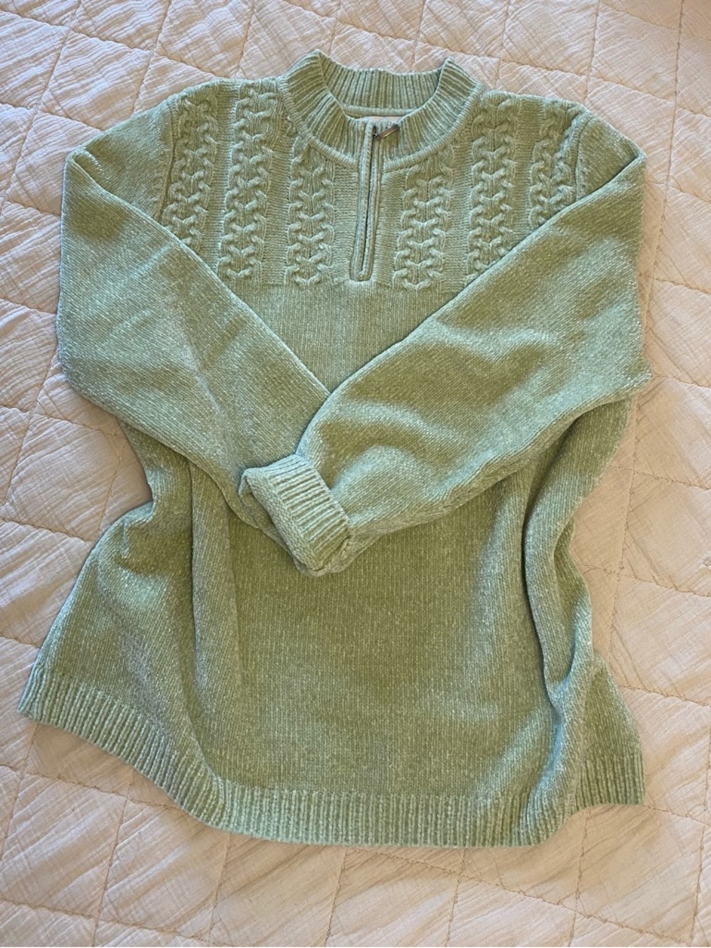 Alfred Dunner Light Green Half-Zip Cable Knit Sweater